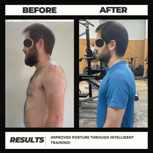 John's before and after showing increased range of motion and better posture through FRC at Motive Training