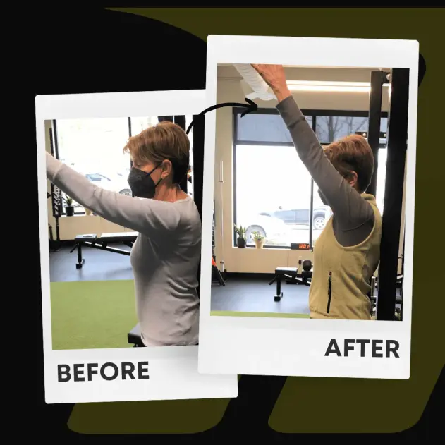Penny's before and after showing increased range of motion and decreased pain at Motive Training