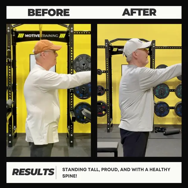 Stan's before and after showing better mobility and improved posture through FRC at Motive Training